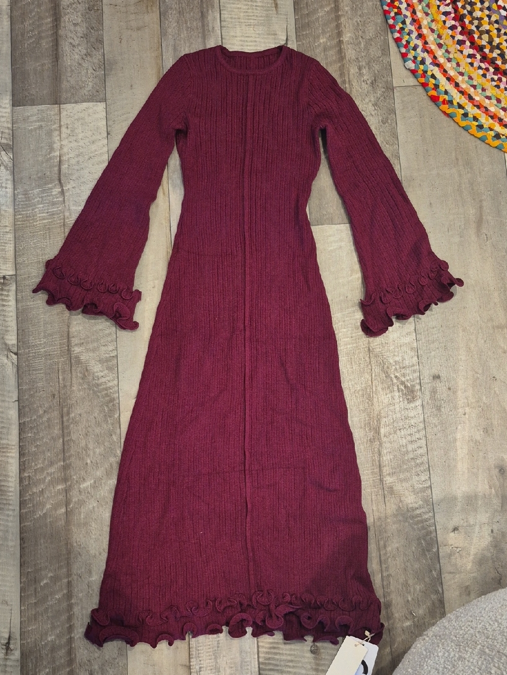 Commense Knit Maxi Dress Ruffle Sleeves Piping Drawstring Trim Semi Sheer S NWT - Picture 11 of 11